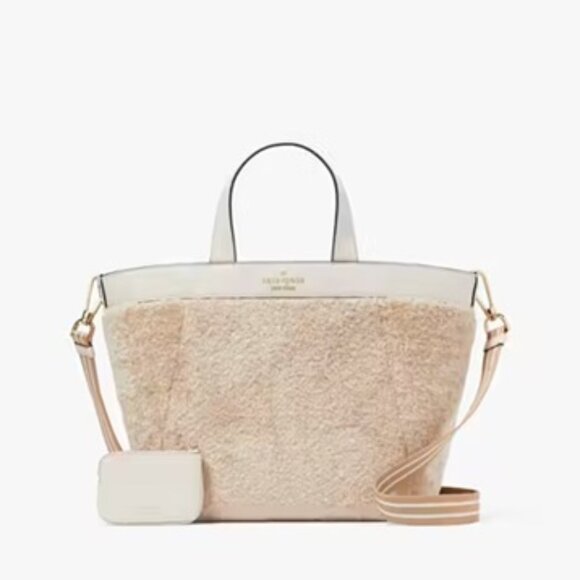 Women's Kate Spade Rosie Satchel Tote Faux Shearling Fur Bag Natural Color - Picture 3 of 14